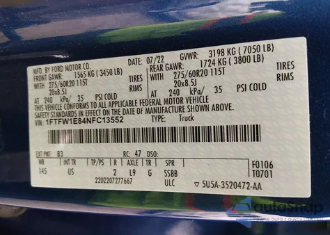 2022 Ford F-150 Xlt z USA, uszkodzony, nr VIN 1FTFW1E84NFC13552